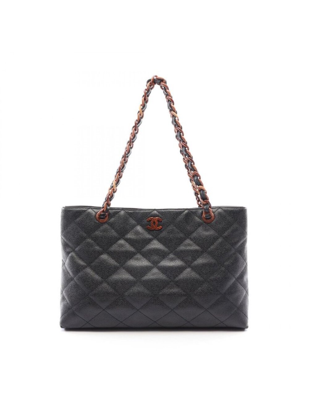 Chanel Tote Bag Quilted Wood Like Chain Black Brown Caviar Leather